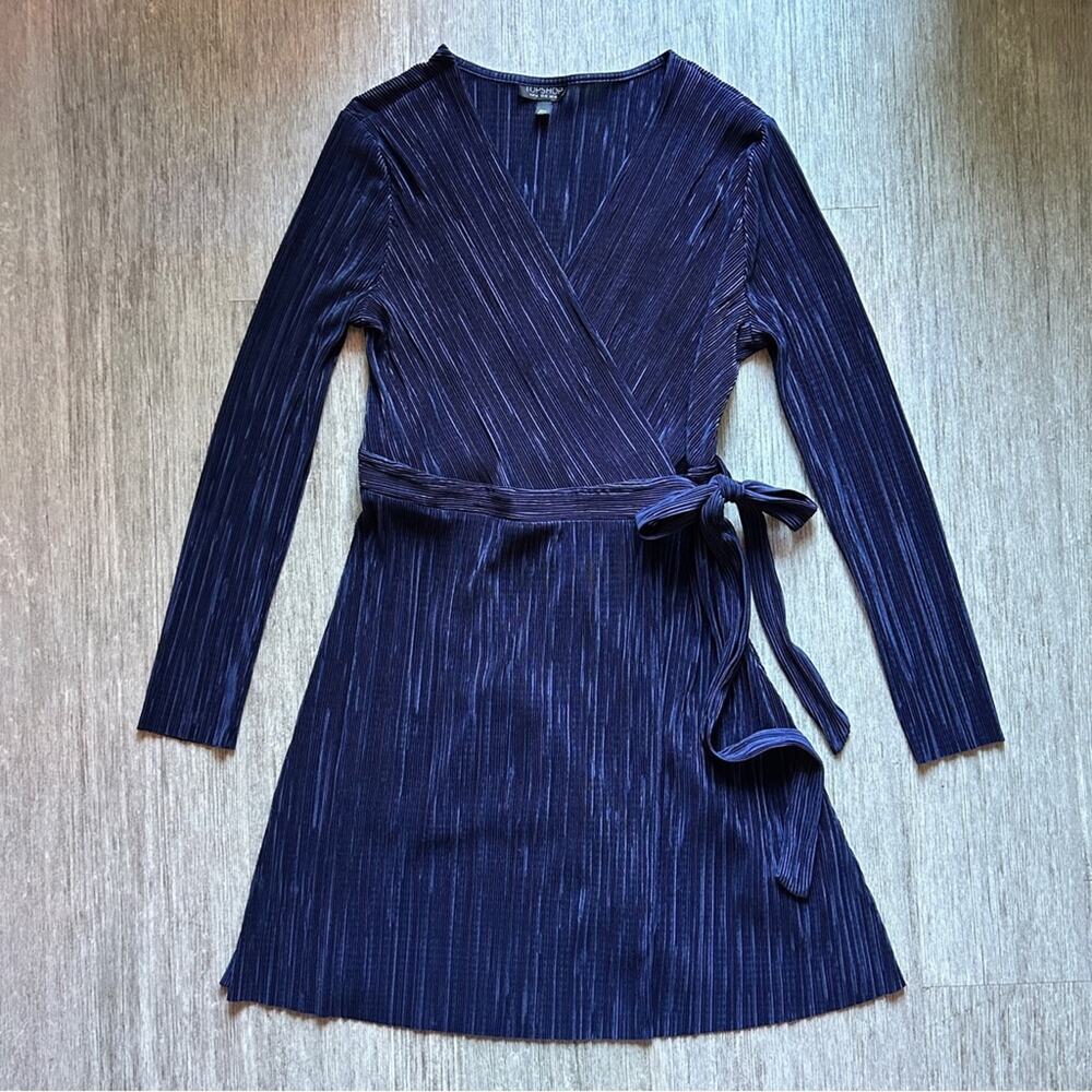 Topshop Navy Blue Shiny Ribbed V Neck Long Sleeve Tie Waist Wrap Dress Size 10